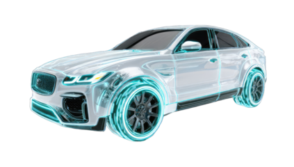 A translucent, light-blue outline of a modern SUV