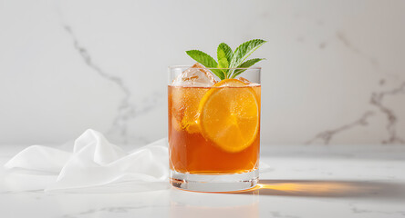 Fototapeta premium Refreshing Iced Cocktail with Orange and Mint Garnish on Elegant Marble Background