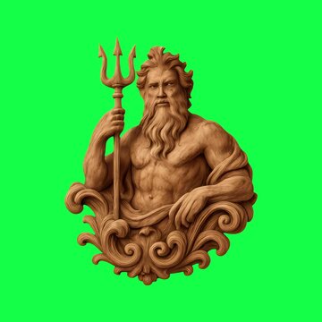 Wooden Poseidon sculpture animation, transparent 4K video, green screen