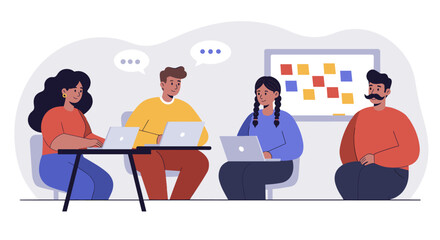 Collaborative team meeting office space digital discussion bright environment group perspective effective communication. Vector illustration