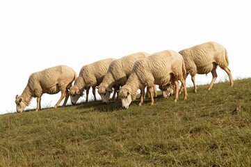 Obraz premium Sheep grazing hillside pasture, isolated background, farming