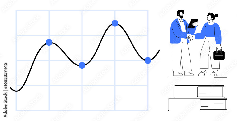 Poster line graph with data points and two professionals interacting, shaking hands, sharing ideas and repo