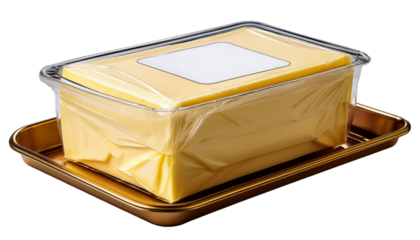 Wrapped butter block on golden tray with blank label ready for branding