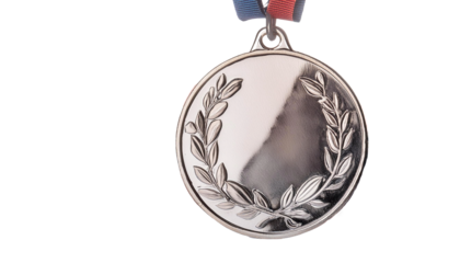 Silver medal hanging with red and blue ribbon showing achievement and success