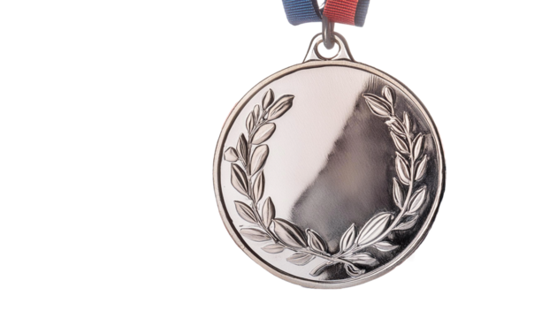 Silver medal hanging with red and blue ribbon showing achievement and success