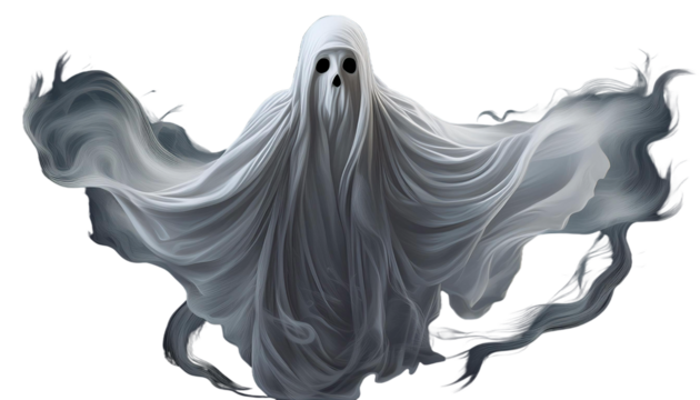 Scary ghost floating in the air with a white sheet covering its body