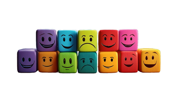 Colorful cubes showing various emotions on white background