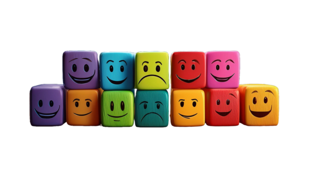 Colorful cubes showing various emotions on white background