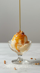 Delicious Vanilla Ice Cream Sundae with Caramel Syrup and Peanuts Dessert