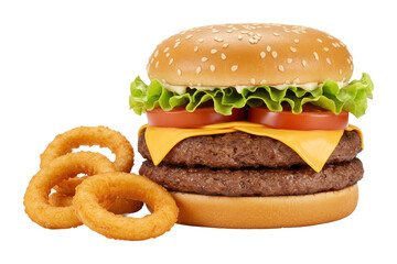 Delicious double cheeseburger with onion rings fast food restaurant food indoor setting perspective. Cut out PNG