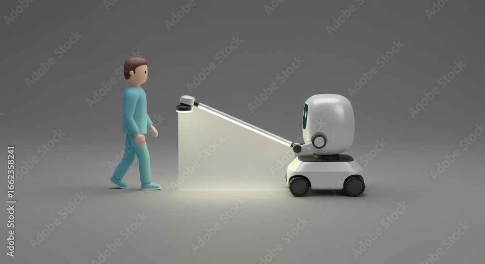 Poster futuristic interaction: autonomous robot scans human figure with advanced lighting system