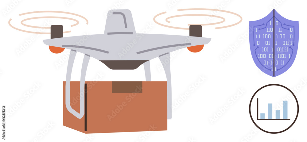Poster drone carrying a package, shield representing cybersecurity, and a chart symbolizing data analysis. 
