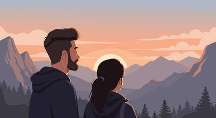 Couple enjoying sunset view mountain range digital art serene environment side perspective love and nature. Vector illustration