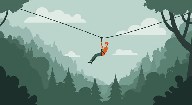 Adventurous ziplining experience in lush green forest outdoor activity aerial view thrilling journey. Vector illustration