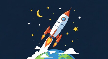 Cartoon rocket launching from Earth into a starry night sky with a crescent moon, symbolizing space exploration and ambition.