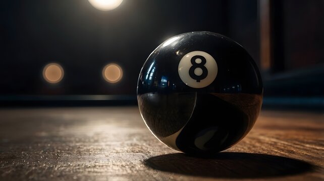 A close-up of the 8-ball sitting near a pocket under dramatic spotlight, symbolizing tension and final moves