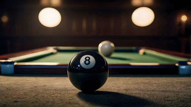 A close-up of the 8-ball sitting near a pocket under dramatic spotlight, symbolizing tension and final moves 4 