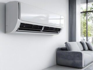 Fototapeta premium Modern White Wall Mounted Air Conditioner in Living Room Interior
