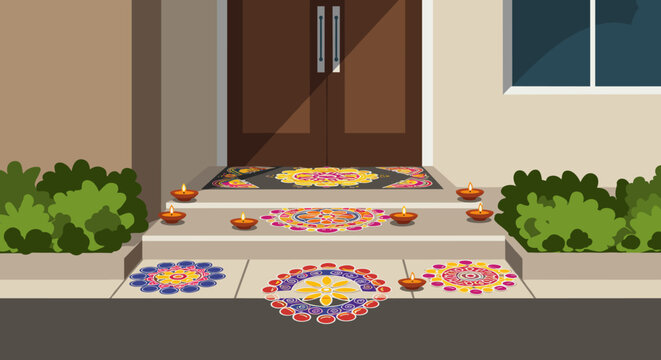 Diwali celebration decorations at home colorful rangoli and diyas festive environment welcoming entrance. Vector illustration