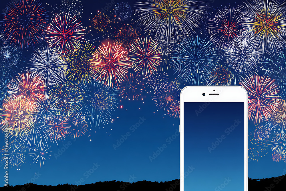 Poster a smartphone displaying a vibrant fireworks display against a twilight sky backdrop