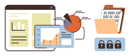 Dashboard with graphs and pie charts, open digital folder with binary code, three padlocks. Ideal for analytics, cybersecurity, data management, technology, privacy, information security business