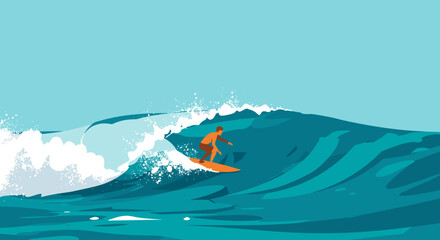 Surfer riding waves ocean beach digital illustration sunny day side view adventure and sport theme. Vector illustration