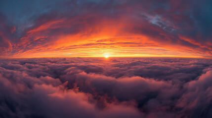 Obraz premium Aerial Dramatic Cloudscape with Vibrant Sunrise Over Misty Sea of Clouds