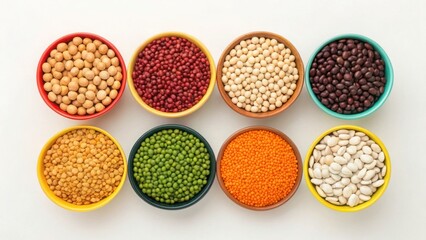 Overhead View of Various Legumes in Separate Colorful Bowls