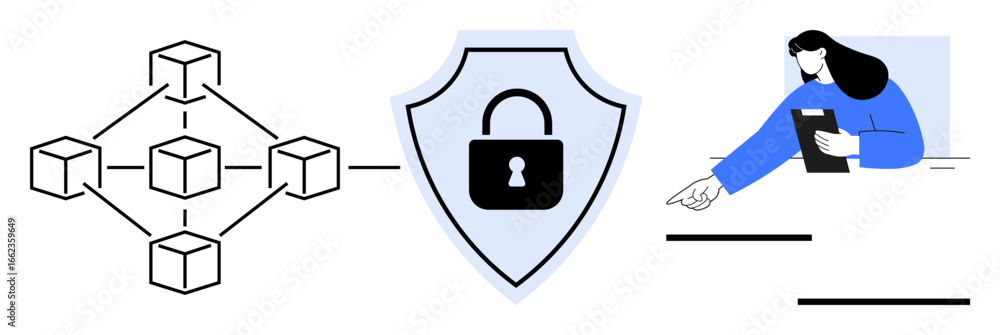 Poster blockchain nodes connected in a secure network, shield icon symbolizing cybersecurity, and a woman a