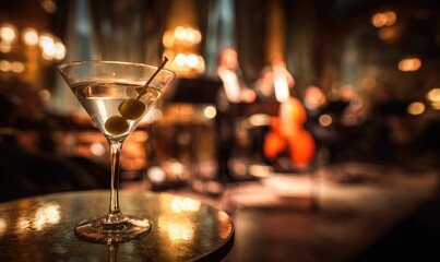 Martini cocktail with olives and jazz background