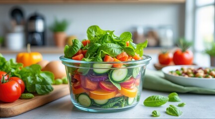 Fresh Vegetable Salad in Glass Container for Meal Prep Concept