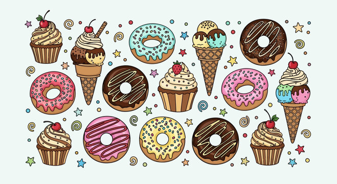 Delicious cartoon desserts: donuts, cupcakes, and ice cream cones perfect for menu design, food blogs, or sweet treat promotions - Powered by Adobe