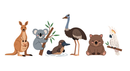 Adorable Australian wildlife collection featuring kangaroo, koala, platypus, emu, wombat, and cockatoo illustrations perfect for children's books or educational resources.