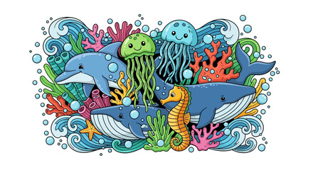 Fototapeta premium Charming marine life illustration with playful dolphins, whales, jellyfish, seahorse, and vibrant coral, perfect for children's designs.
