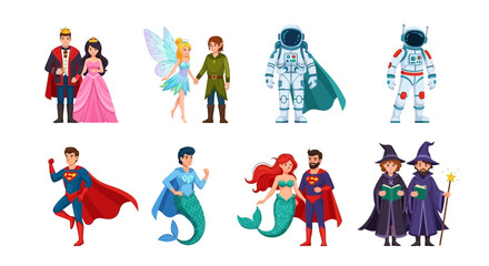 Fototapeta premium A diverse collection of cartoon character pairs in fantasy, sci-fi, and superhero costumes.