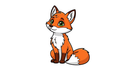 Fototapeta premium Charming cartoon illustration of a cute, smiling red fox sitting on a clean white background.