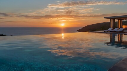 A luxury infinity pool at sunset overlooking the ocean, glowing horizon reflected in the water, symbolizing relaxation and escape