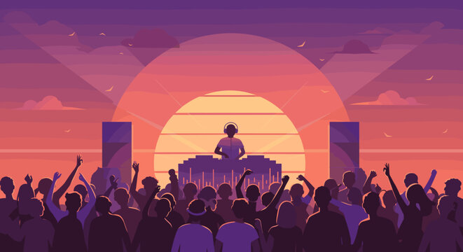 Exciting dj performance at sunset music festival vibrant atmosphere crowd energy uplifting experience. Vector illustration