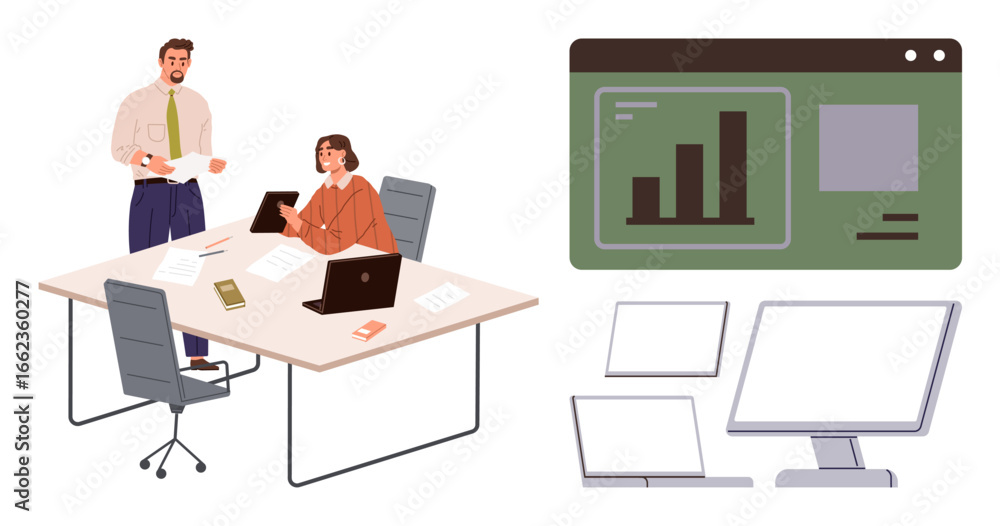 Poster two professionals collaborating at a desk with laptops and documents, analyzing data graphs. ideal f