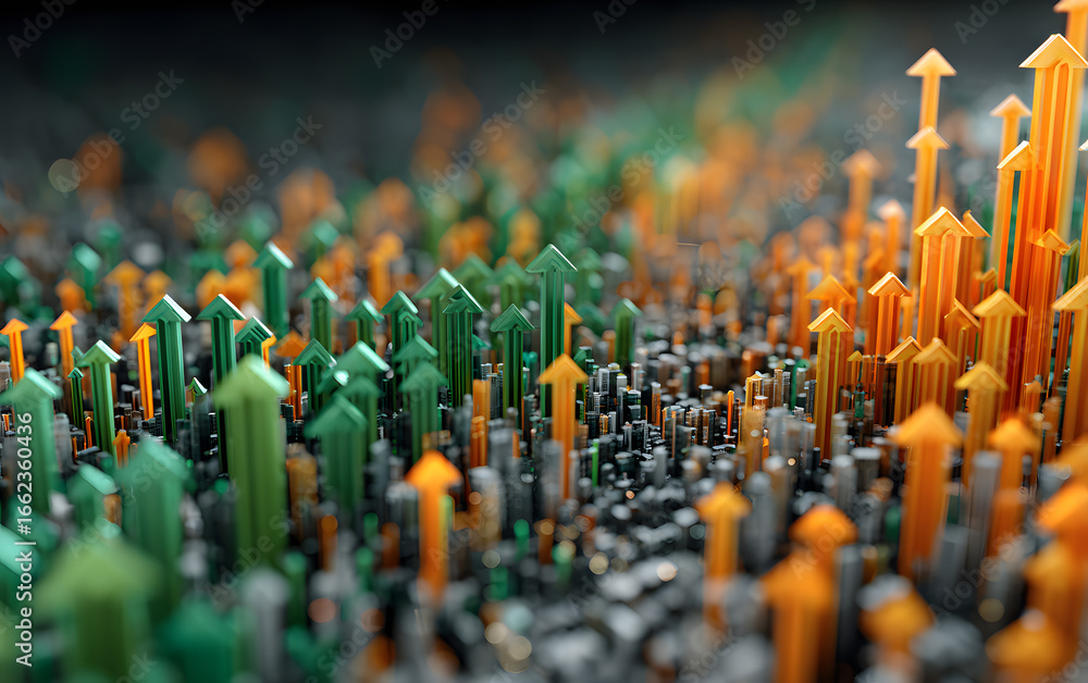 Poster a computer generated image of a city with many green and orange arrows pointing upwards. concept of 