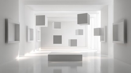 White room with floating cubes and geometric forms
