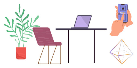Workspace featuring laptop on table, chair, potted plant, smartphone with unlock feature, and geometric object. Ideal for security, productivity, modern technology, remote work minimalism digital