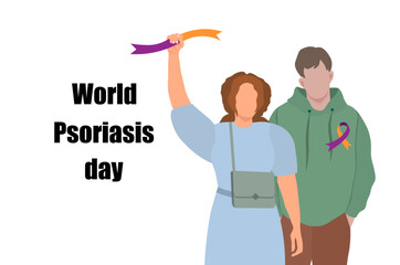  World Psoriasis Day. A woman holds orange, purple ribbon. A man stands with ribbon in support of people with skin diseases. Medical concept. Vector Not AI generated