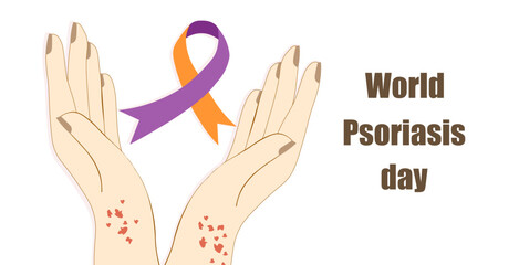 World Psoriasis day on October 29th. Hands with skin disease holding orange and purpe color ribbon on white background. Vector Not AI generated