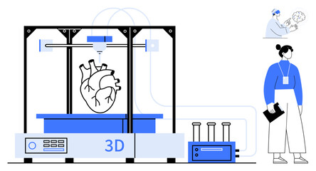 3D printer creating a human heart, scientist analyzing, medical vials nearby. Ideal for healthcare, innovation, technology, research, education medical advances future concepts. Simple flat