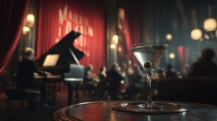 Piano player and martini in a dimly lit lounge