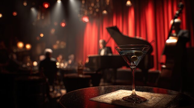 Martini glass on table with stage background