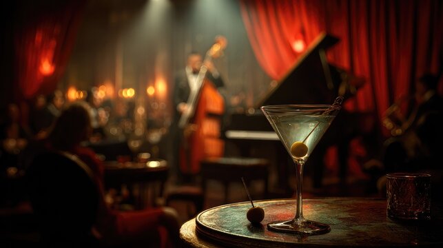 Cocktail in bar with live jazz music