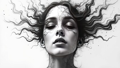 A human face icon created from flowing ink rivers, abstract portrait