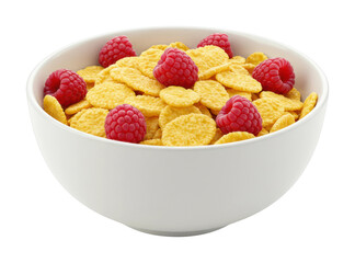 Delicious breakfast cereal with raspberries kitchen table food bright environment top healthy eating. Cut out PNG
